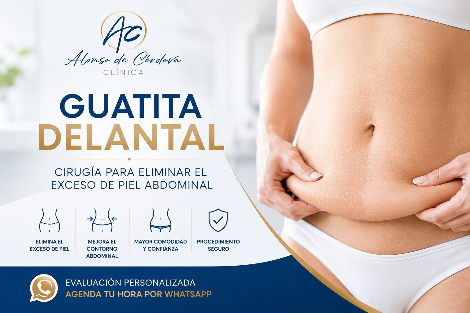 Corrige la guatita delantal y el exceso de piel abdominal con evaluación especializada. Conoce las alternativas quirúrgicas y solicita información por WhatsApp.